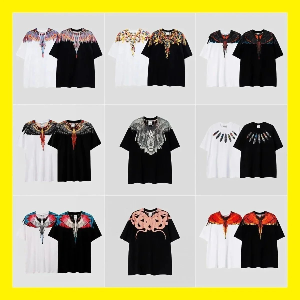 Marcelo Burlon t-shirt tee ZZ02 Short-sleeved Python Lion Head Colorful Feather Wings T-shirt Loose 